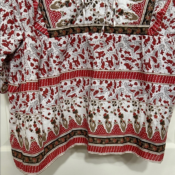Calypso St. Barth Cotton Boho Top Red and White Pattern Keyhole Neck with Ties - Picture 10 of 16